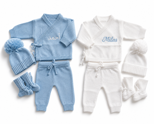 Personalised newborn knit outfit set in blue and cream with English and Arabic name embroidery — 4-piece bamboo cotton bundle Dubai UAE
