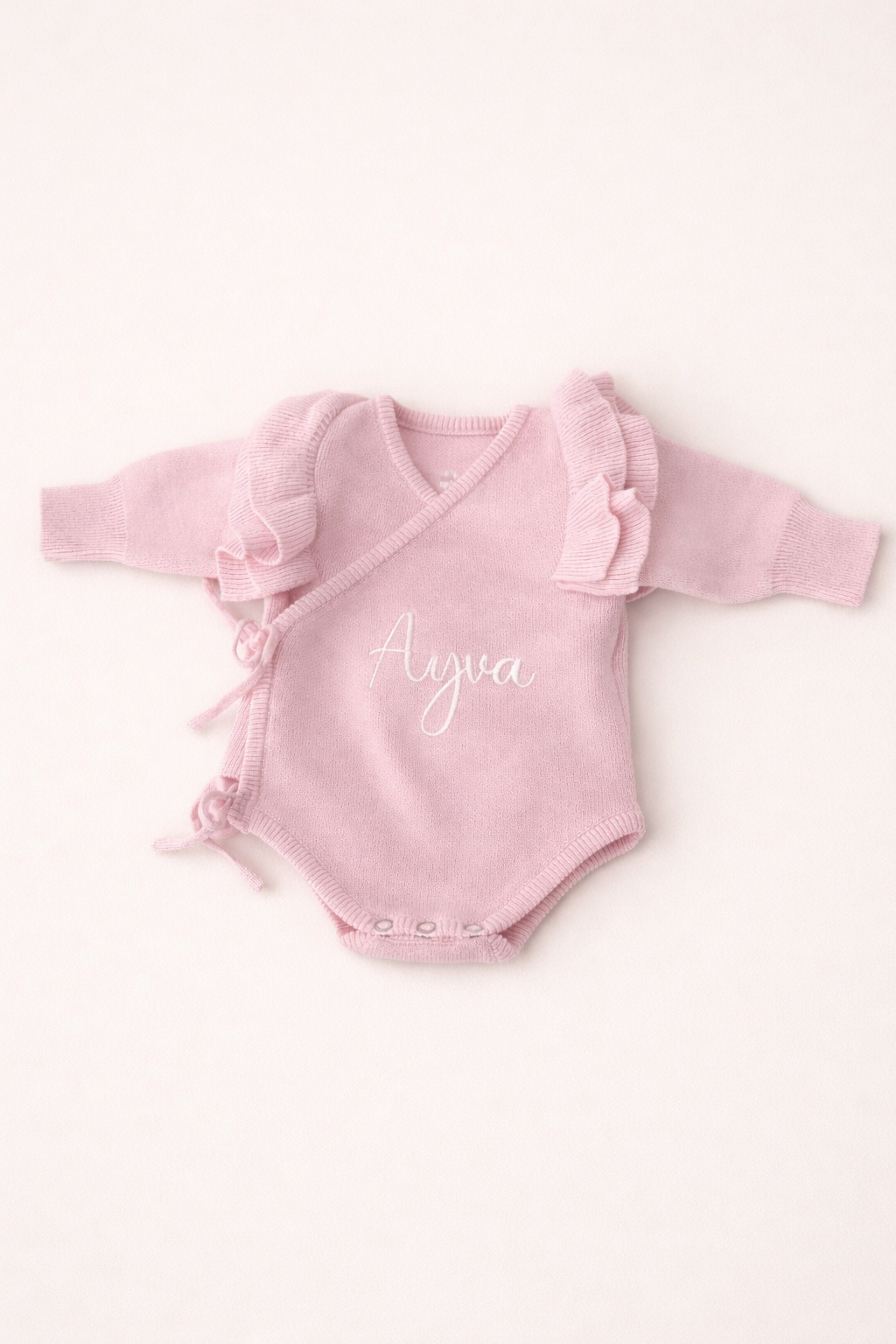 Personalised pink baby girl wrap romper with embroidered name 0-6 months — included in Maxims baby store . Little Lady gift box
