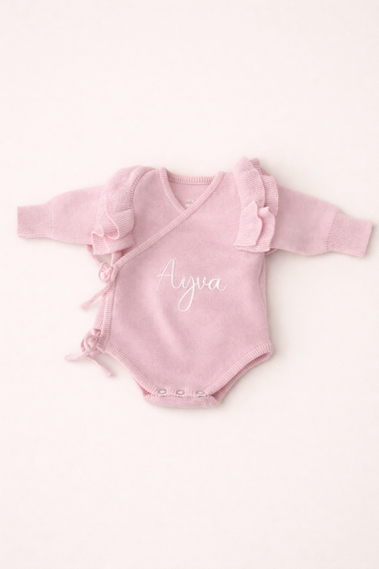 Personalised pink baby girl wrap romper with embroidered name 0-6 months — included in Maxims baby store . Little Lady gift box
