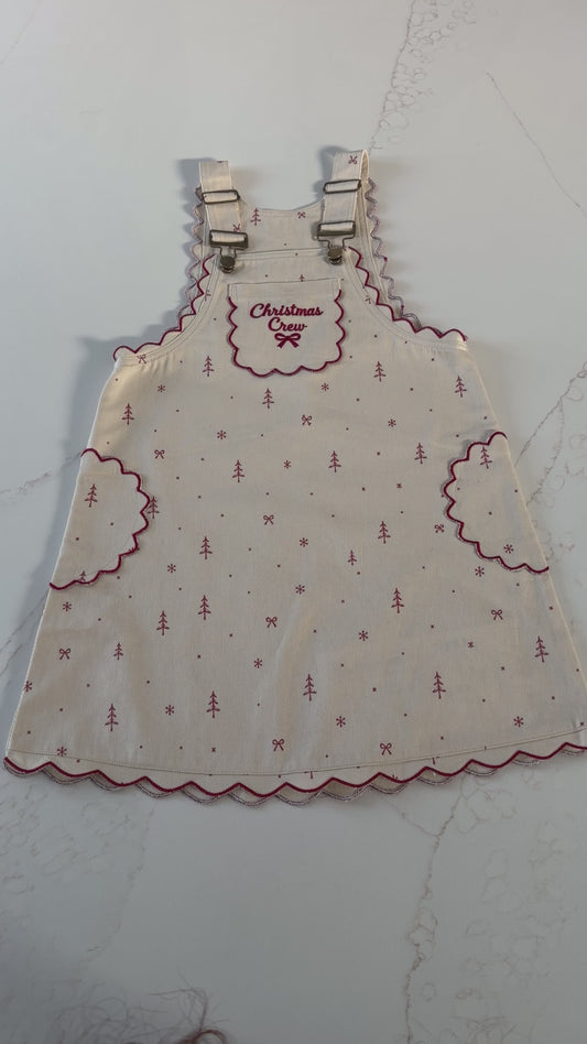 Girls Christmas Crew Embroidered Pinafore Dress – Cream & Burgundy