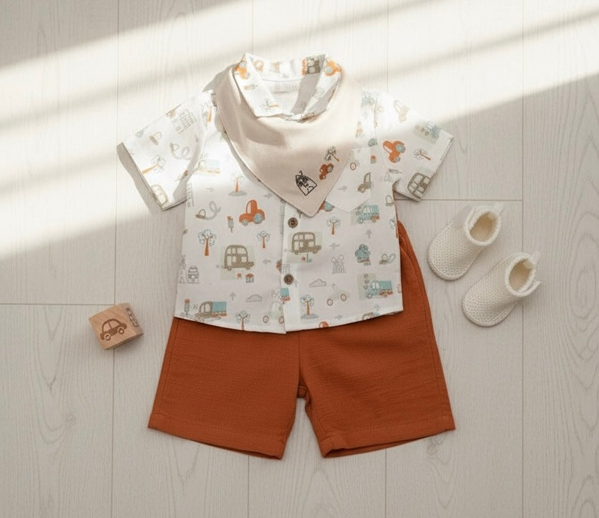 Baby Boy City Design Muslin Set – 3-Piece Organic Muslin Baby Outfit