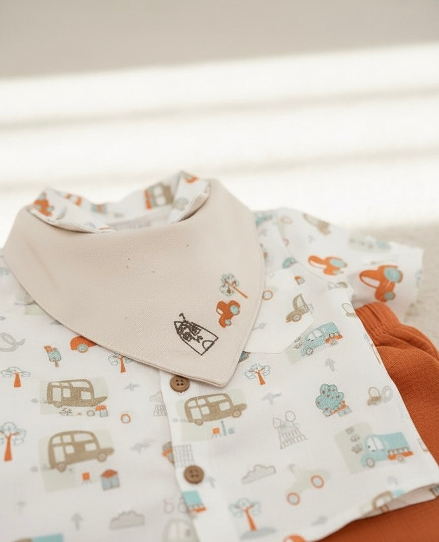 Baby Boy City Design Muslin Set – 3-Piece Organic Muslin Baby Outfit