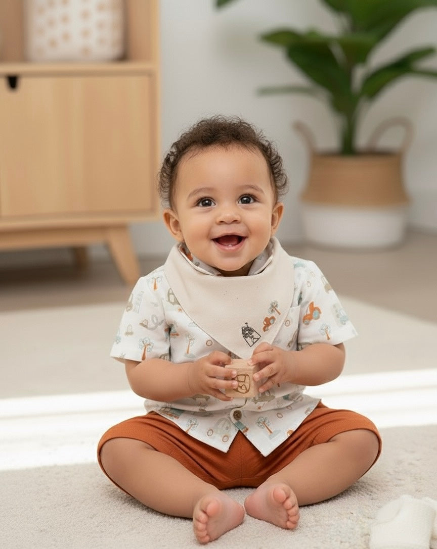 Baby Boy City Design Muslin Set – 3-Piece Organic Muslin Baby Outfit