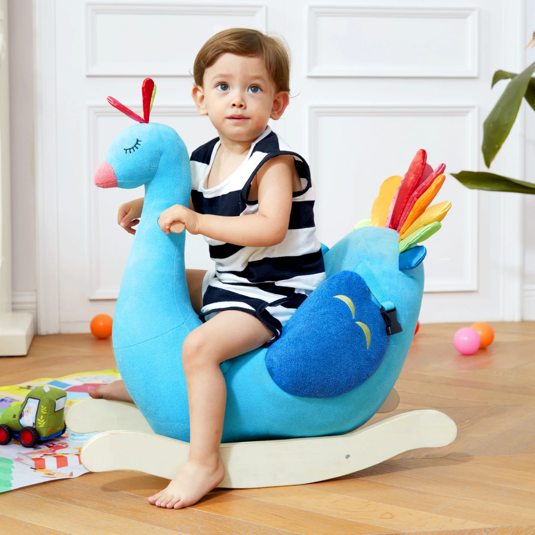 Penelope Plush Peacock Wooden Rocker