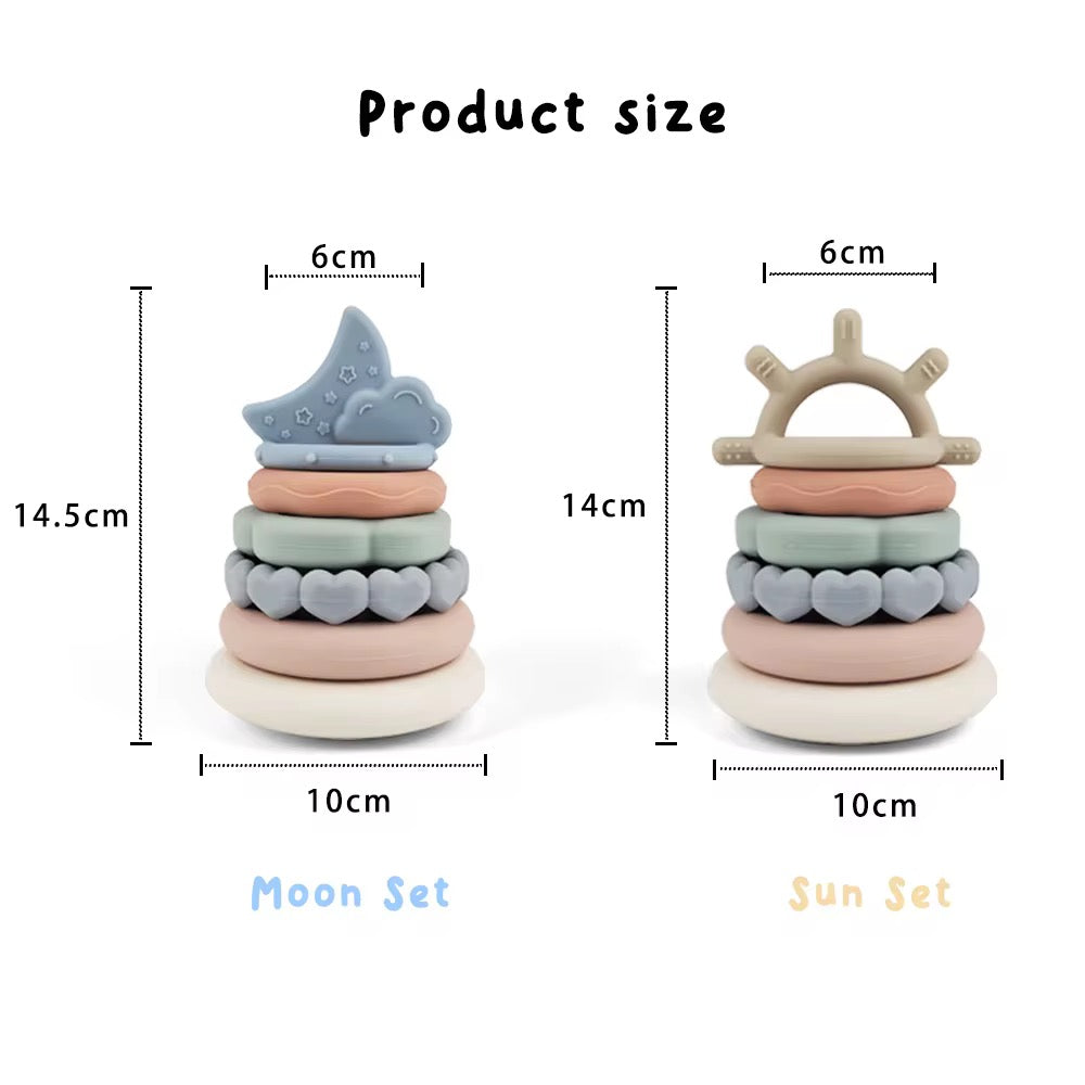     Silicone baby teether rings set with soft stackable pieces safe for chewing and play