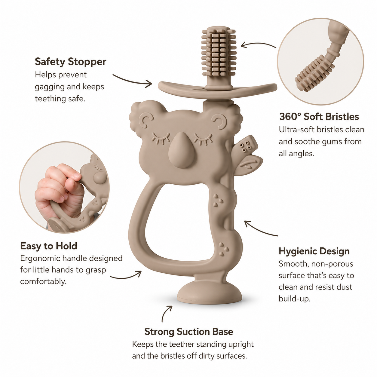 Baby silicone toothbrush teether featuring 360 degree ultra-soft bristles for teething relief