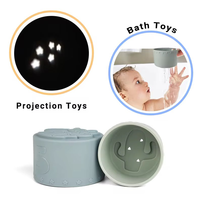 Soft silicone stacking cups with textured patterns for baby bath and sensory play