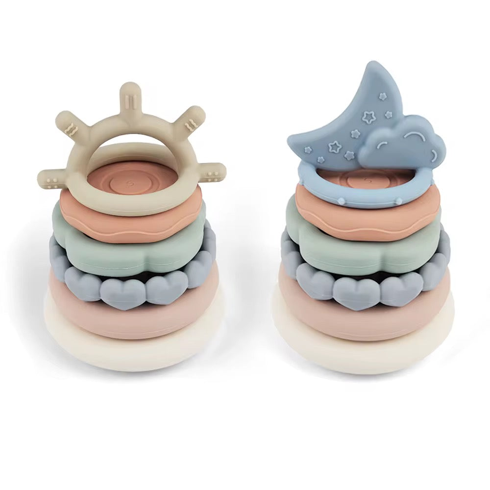     Sun and moon silicone baby teether stacking toy designed for sensory play and teething relief