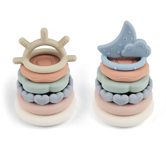     Sun and moon silicone baby teether stacking toy designed for sensory play and teething relief