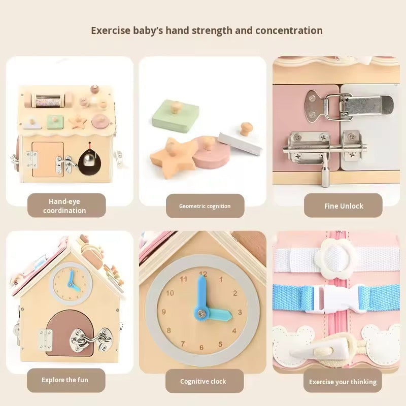 Wooden toddler busy house featuring zippers, buckles and sensory learning activities