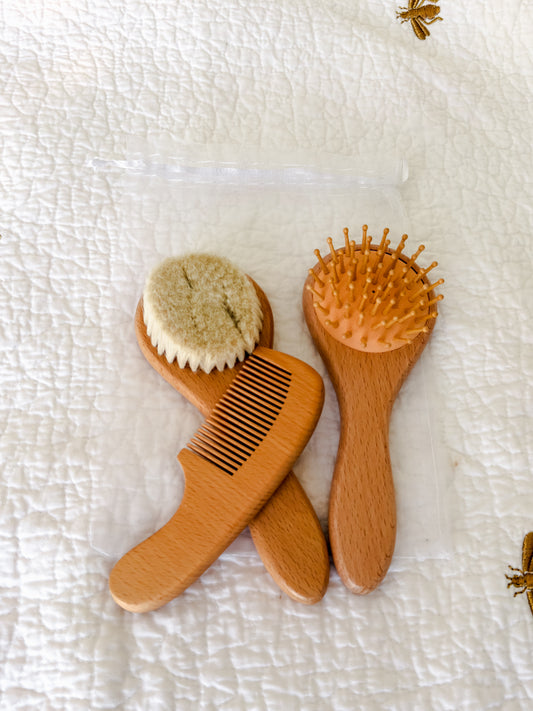 Wooden Baby Brush & Comb Set — Natural Beechwood with Goat Hair Bristles