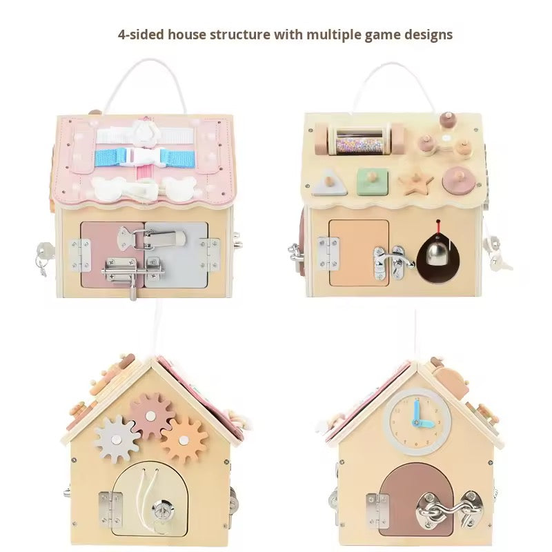 Four-sided Montessori busy board house toy with gears, clock and interactive locks