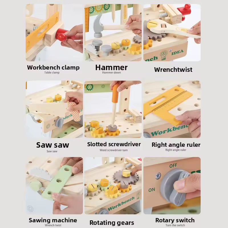 Set of wooden tools with labels for a children's playset.