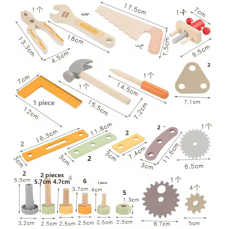 Set of toy tools with measurements on a white background