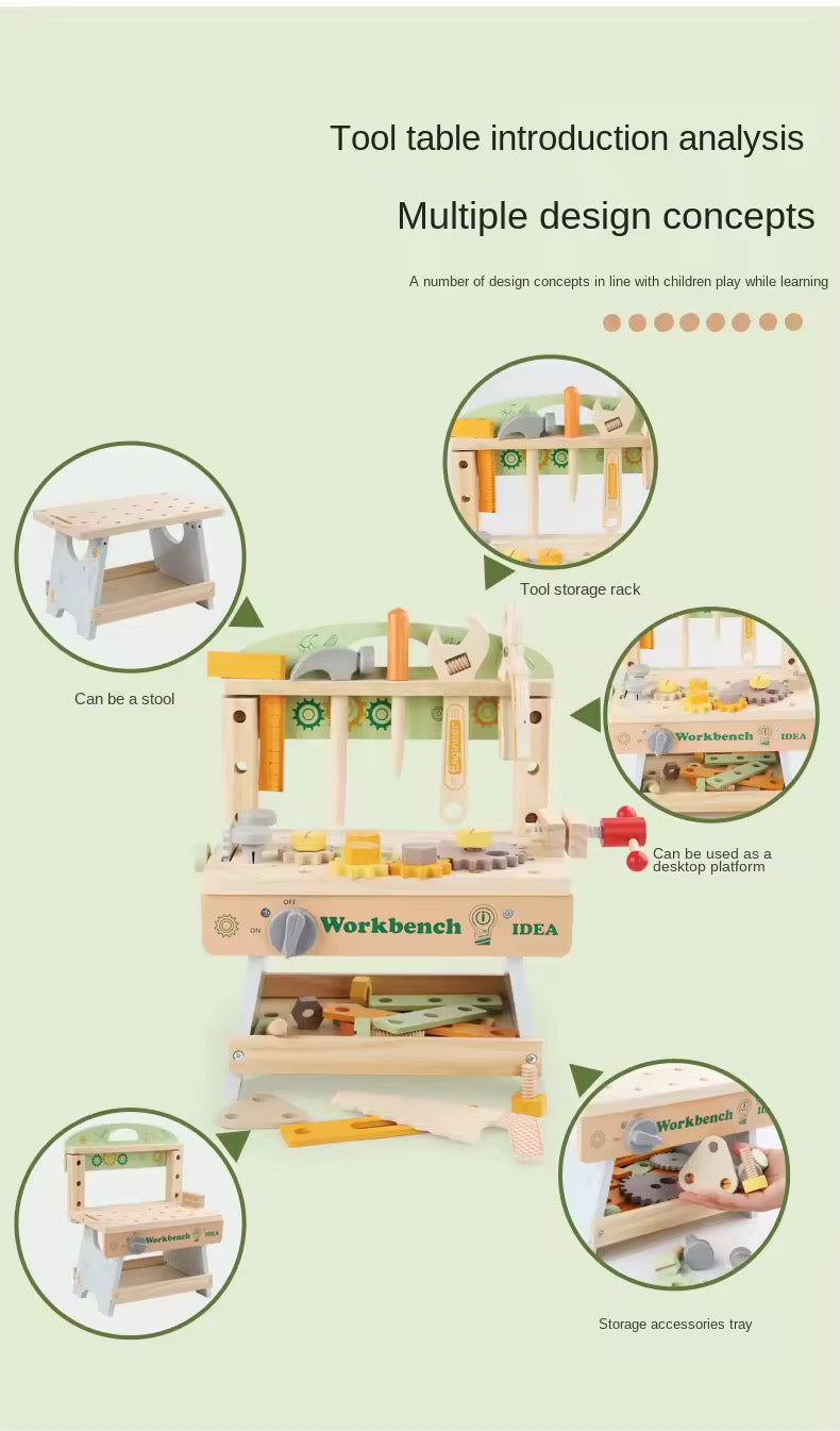 Montessori Wooden Kids Tool Bench Set – Educational Pretend Play Workbench Toy with Tools & Gears
