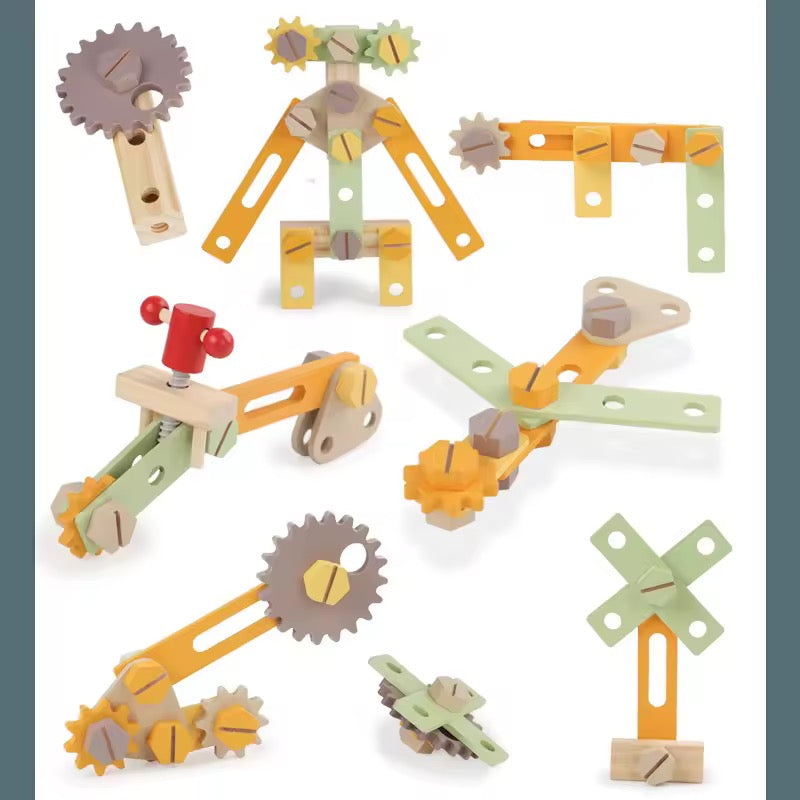         Wooden kids construction toy accessories including hammer, saw and screwdriver