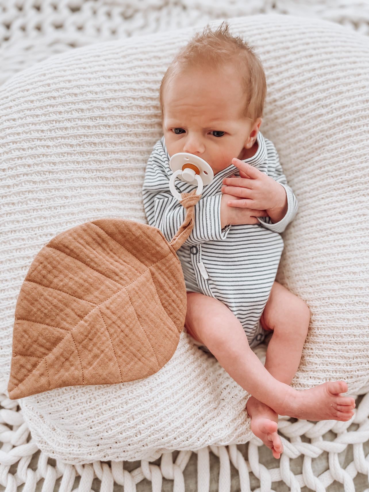Sienna muslin pacifier holder embroidered with baby’s name, a boho newborn gift